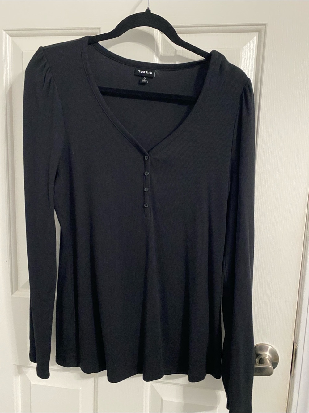 torrid Black Long-Sleeve V-Neck Henley Top with Shoulder Gathers